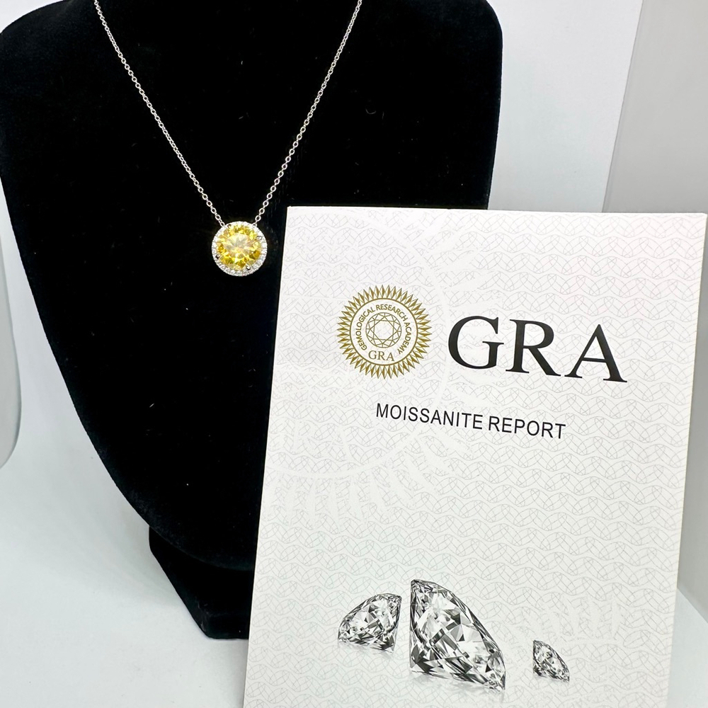5 Ct Champagne Yellow Moissanite Pendant Necklace 18K White Gold 925 Silver GRA